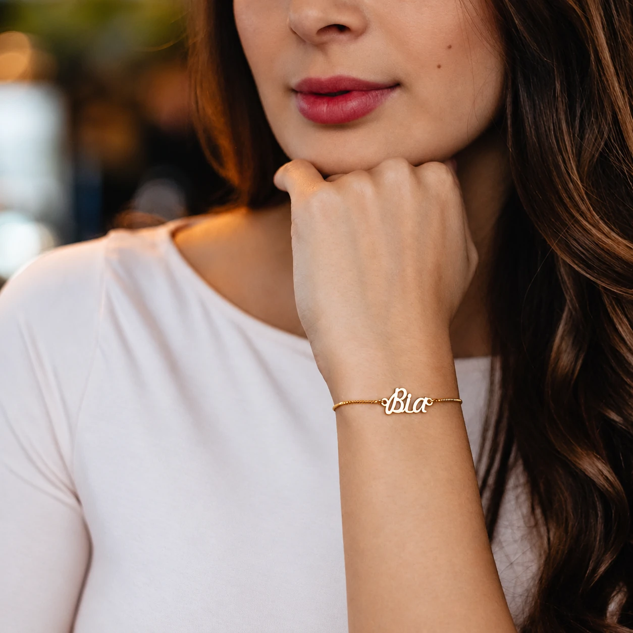 A personalised Namely bracelet being worn