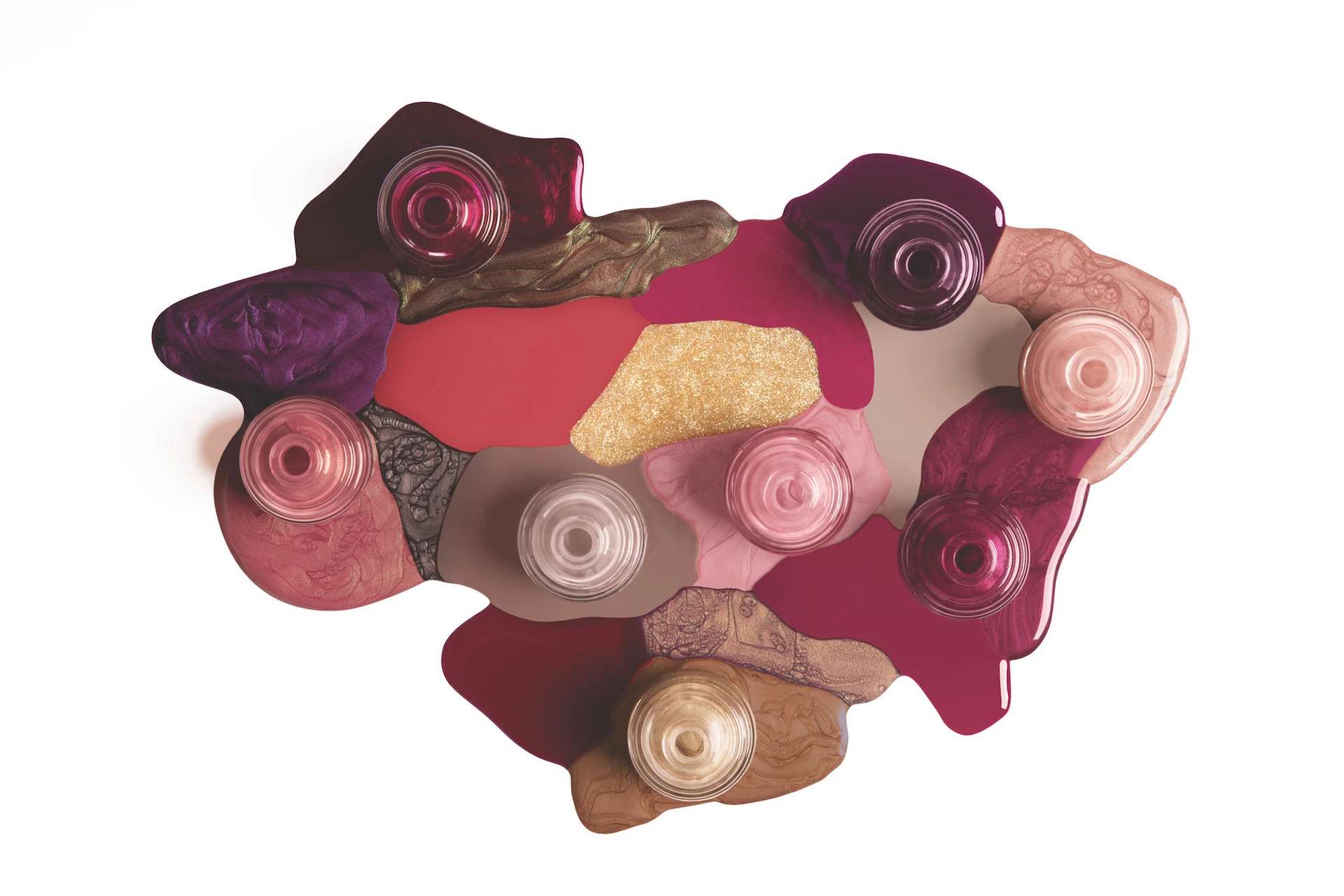 SPARITUAL nail polish bottles and colour swatches photographed from above
